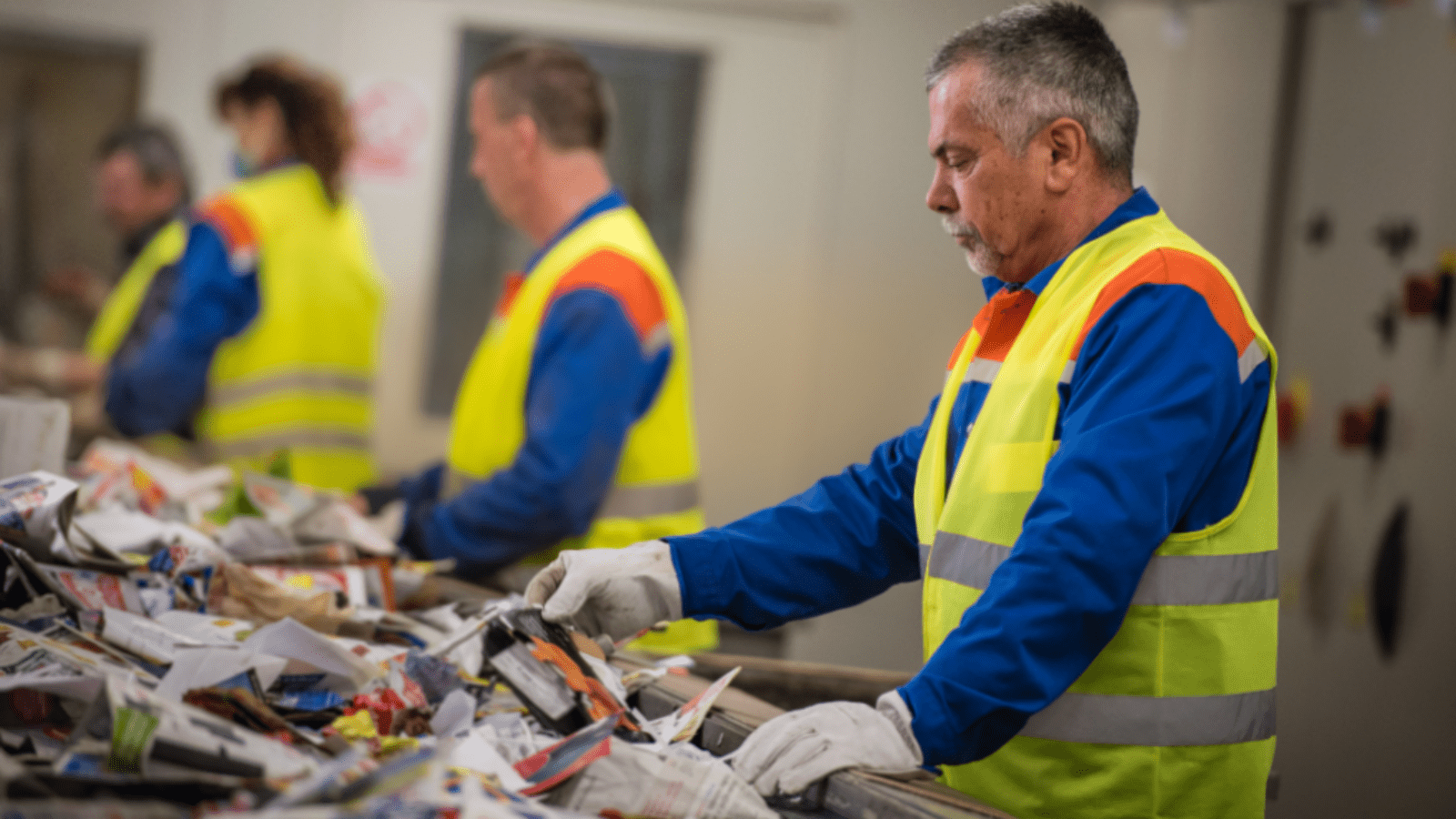 A team of workers sorts through a large tub of waste material.