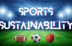 Blog header reading, "Sports Sustainability" with a football, soccer ball and basketball on a playing field