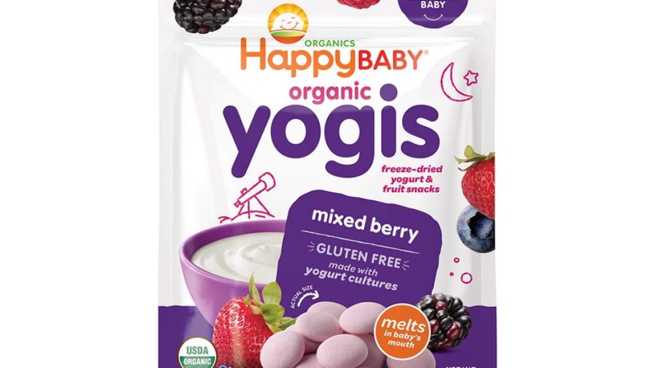 A package of Happy Baby organic yogurt. Its manufacturer, REBBL, sought to incorporate more recycled material in its packaging. Trayak helped them figure out the best way to do that.