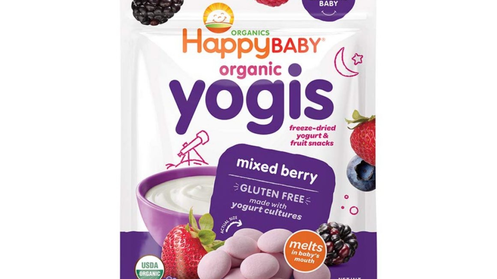 A package of Happy Baby organic yogurt. Its manufacturer, REBBL, sought to incorporate more recycled material in its packaging. Trayak helped them figure out the best way to do that.