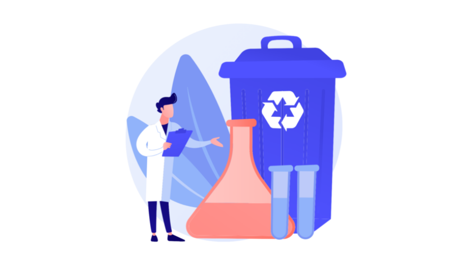 Illustration of scientist with beakers, test tubes and a recycling container