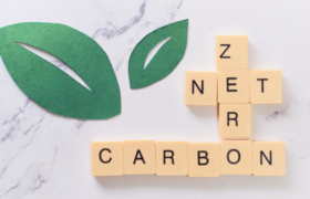 Scrabble tiles read, "Net Zero Carbon."
